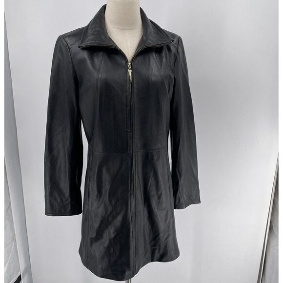 Ellen Tracy Women's Soft Black Leather Jacket Medium Long Full Zip - Picture 1 of 6